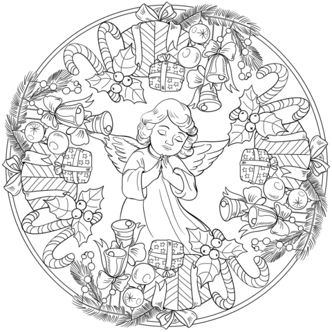 Christmas Mandala With Ornament, Angel And Presents Coloring Page